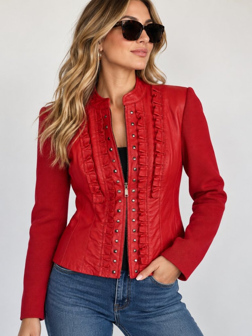 Peter Nygard Red Leather Jacket Womens Sz 4 Ruffle Studded Knit Moto Designer